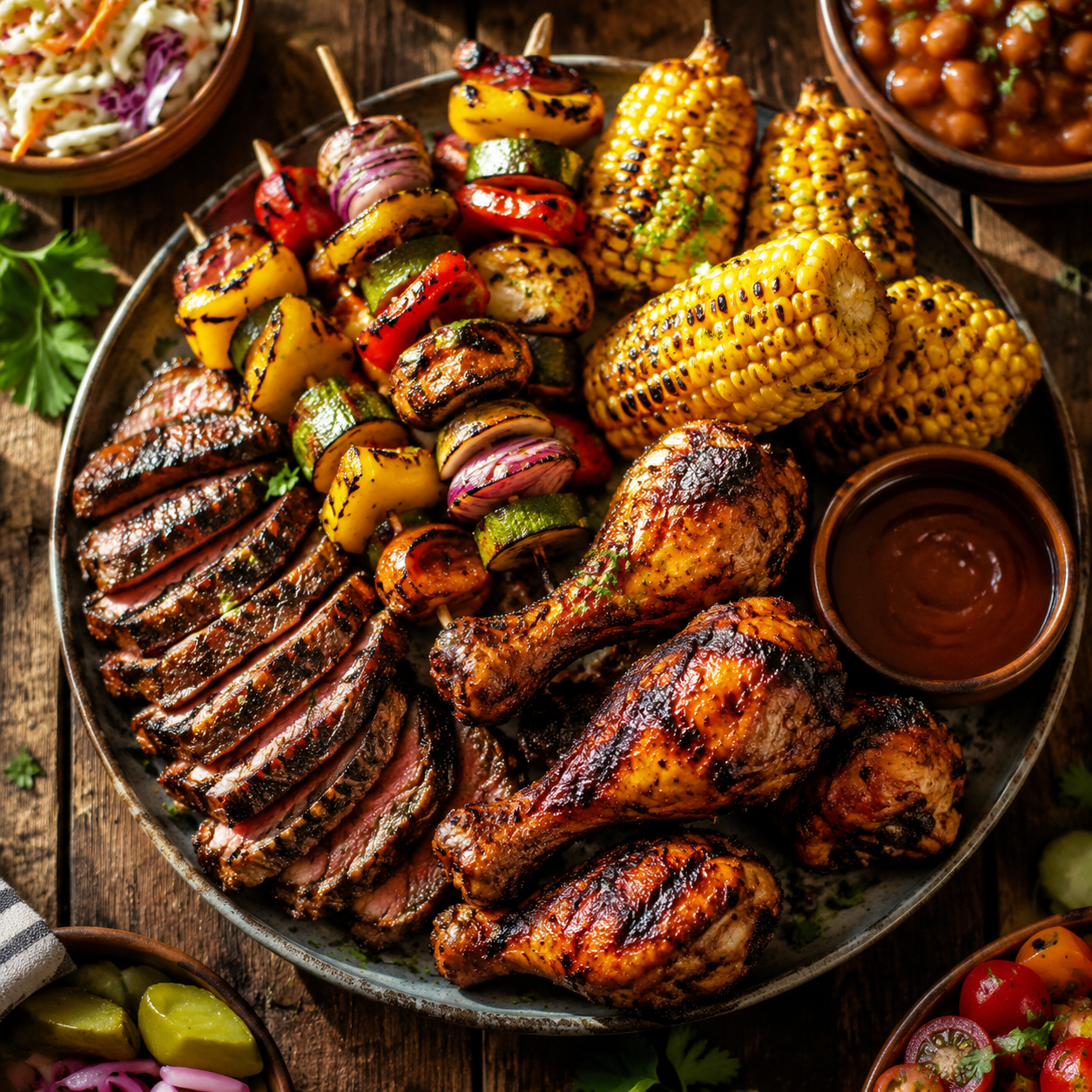 Summer & Cookouts — Smoky grills, blistered corn, and bright potato salad make these summer cookout dishes perfect for backyard tables and picnic blankets.
