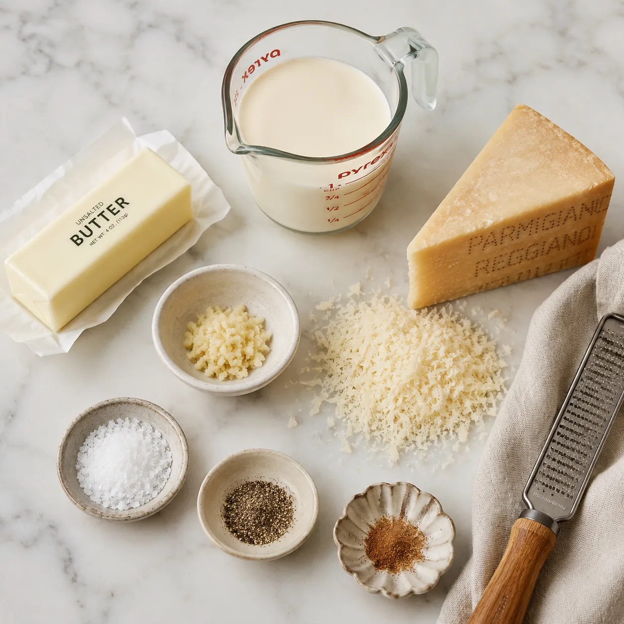 Ingredients for homemade alfredo sauce recipe laid out overhead on white marble