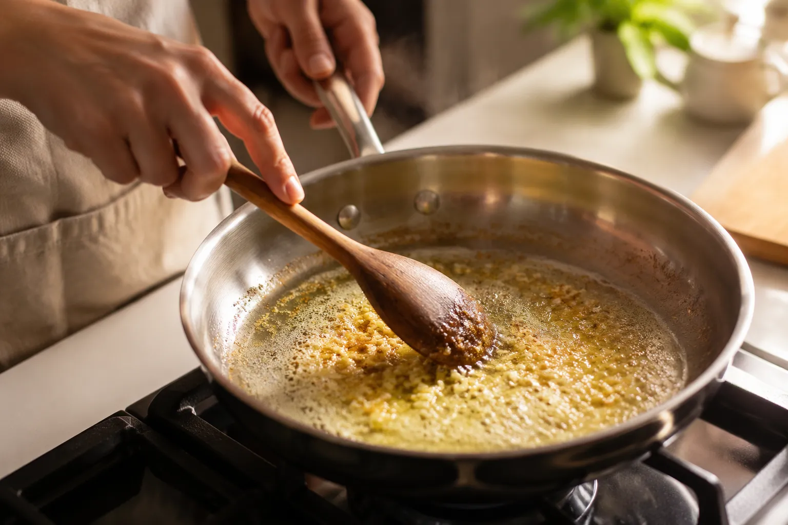 Melting butter and garlic in a skillet for homemade alfredo sauce