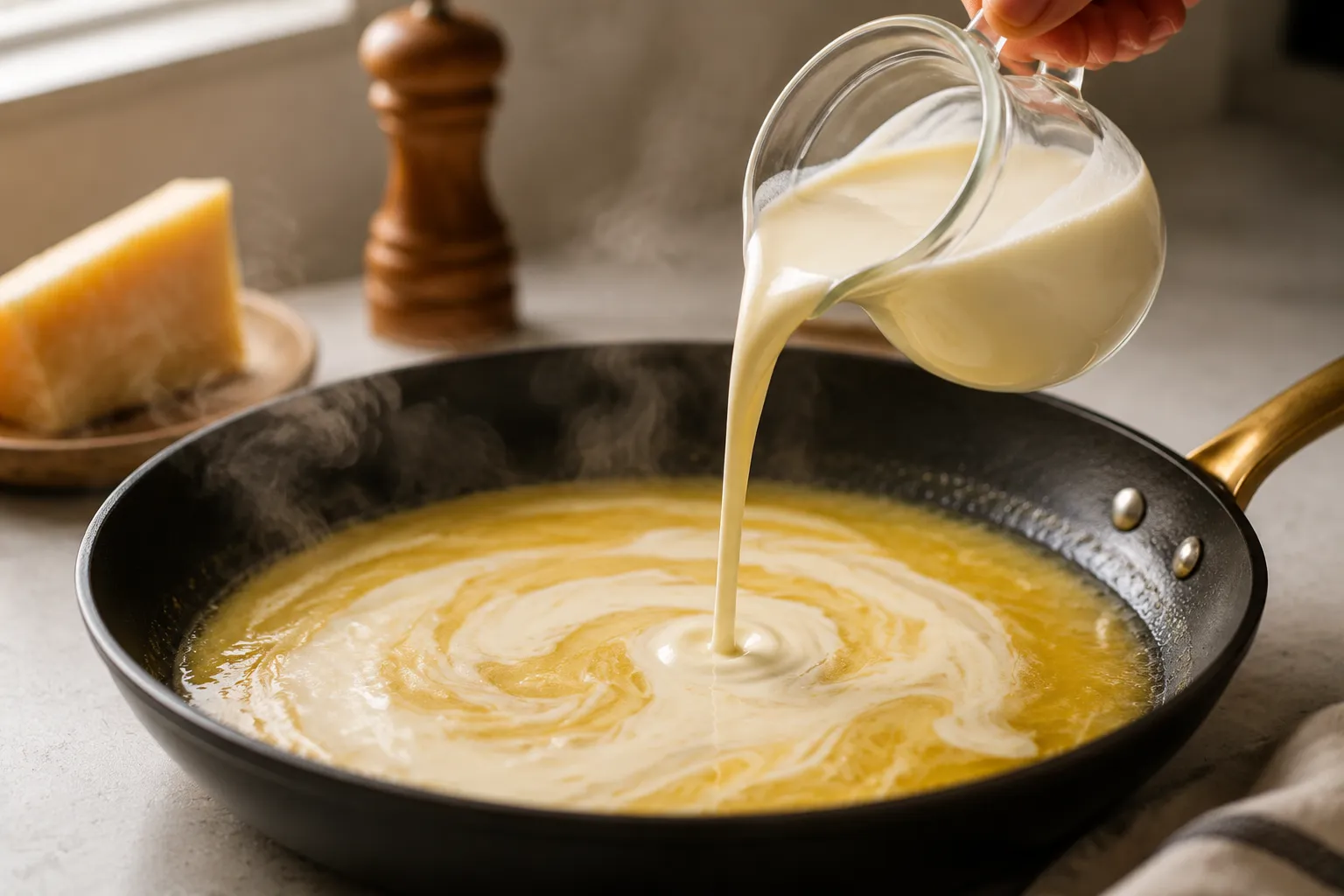 Pouring heavy cream into butter to make easy alfredo sauce
