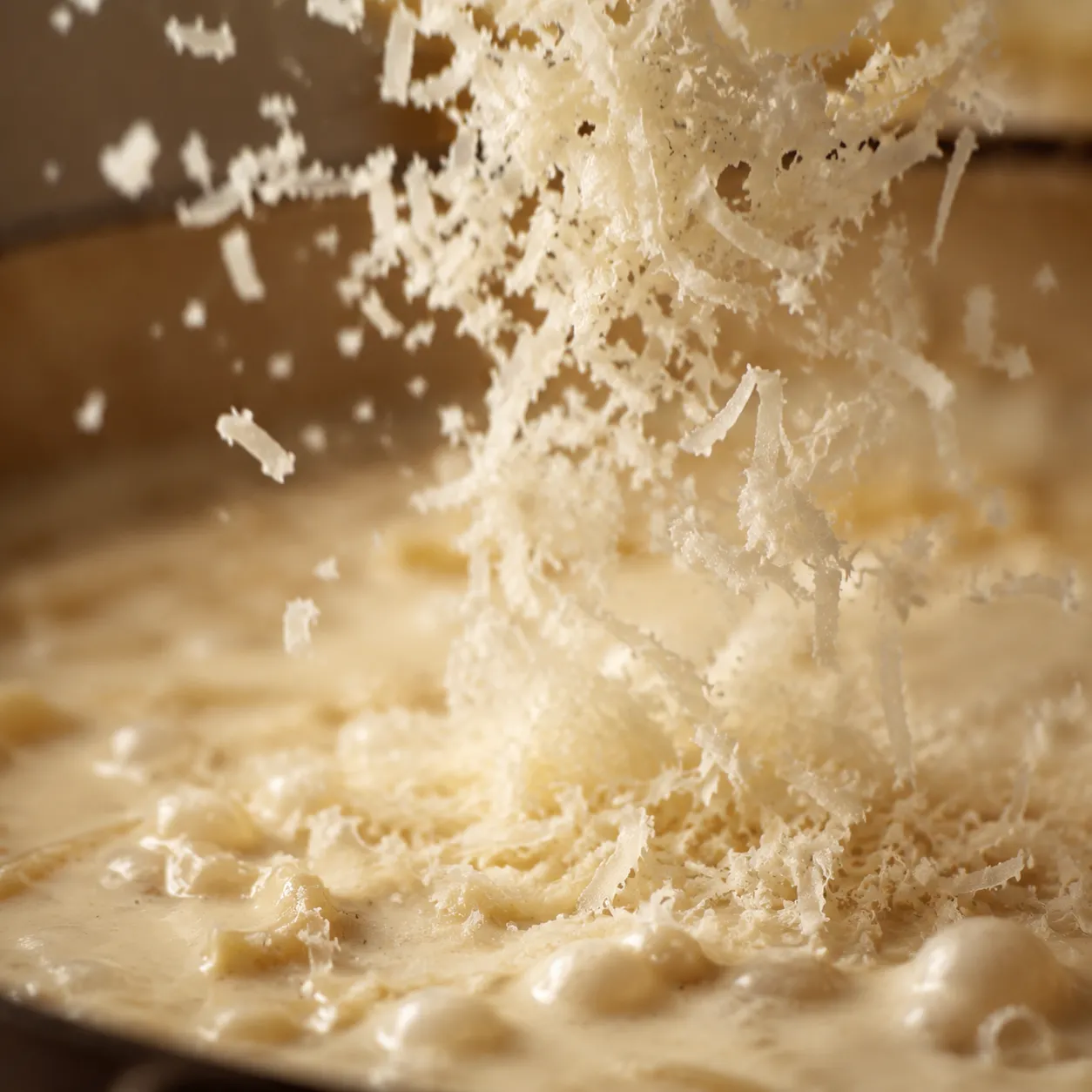 Freshly grated Parmesan melting into homemade alfredo sauce
