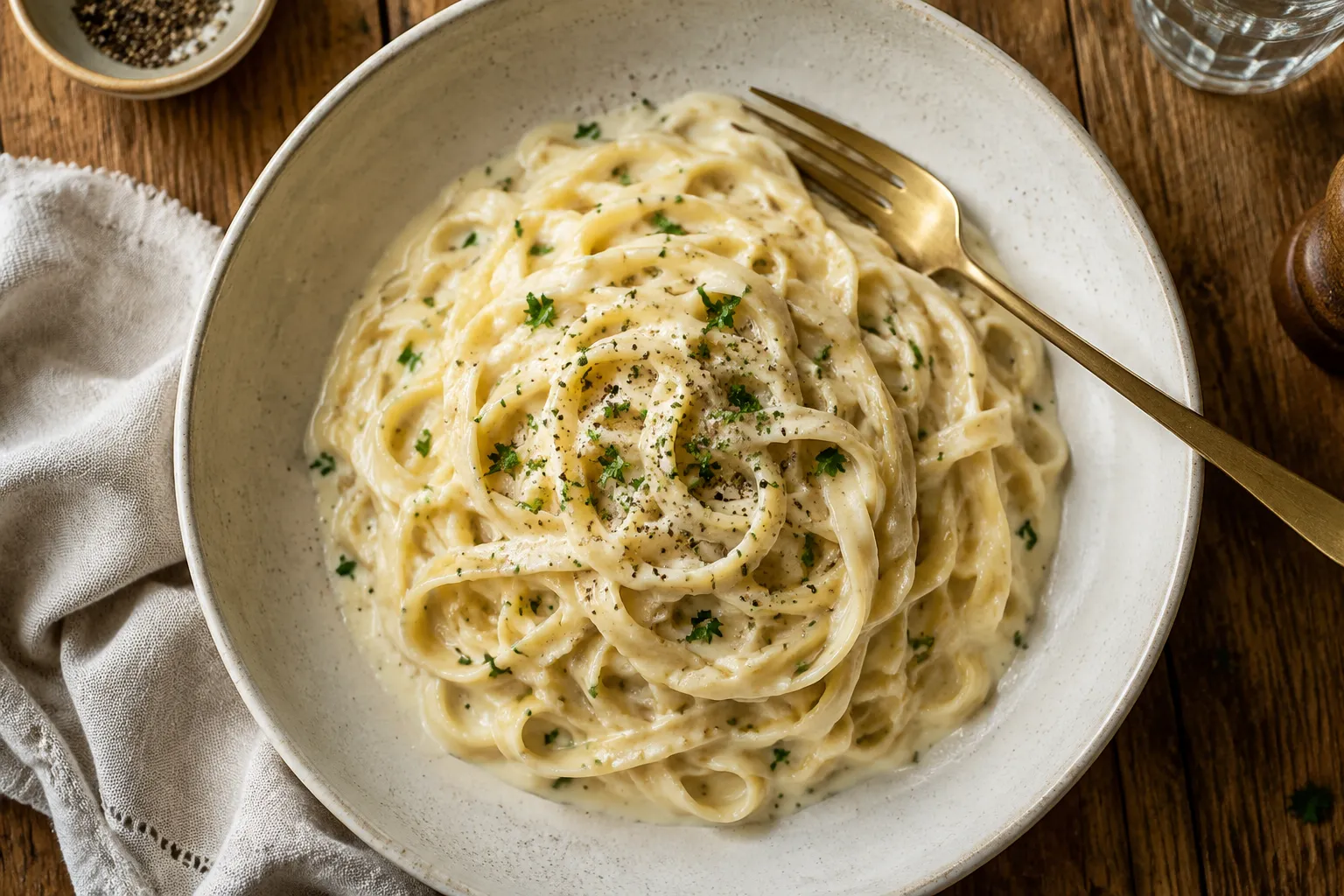 Fettuccine tossed in homemade alfredo sauce, served in a ceramic bowl