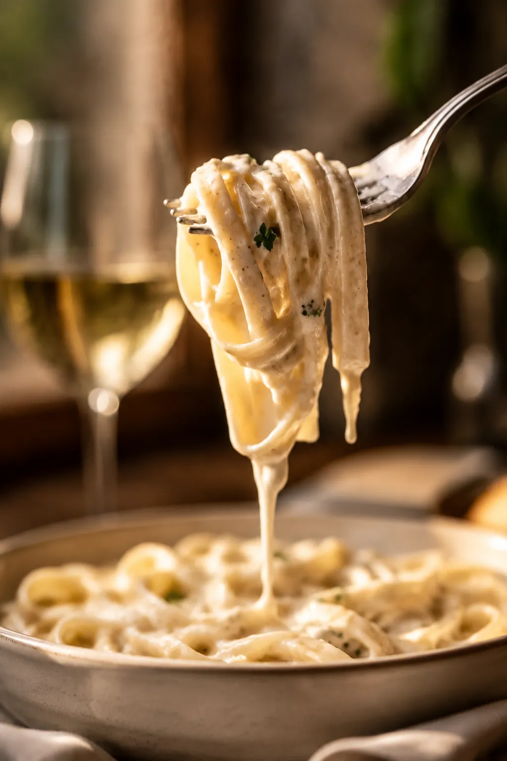 Fork twirling fettuccine coated in creamy alfredo sauce