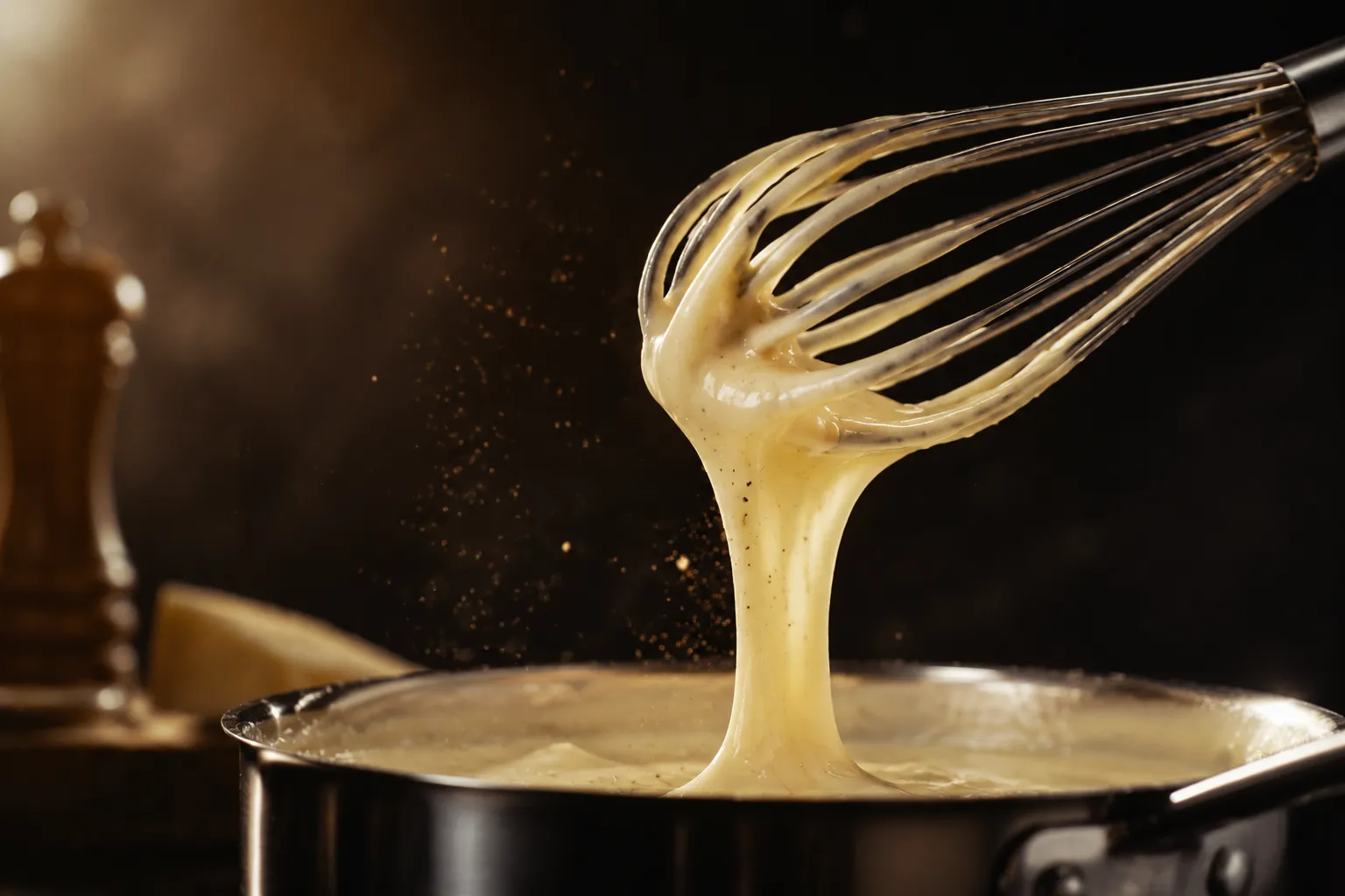 Silky homemade alfredo sauce ribboning off a whisk, showing perfect consistency