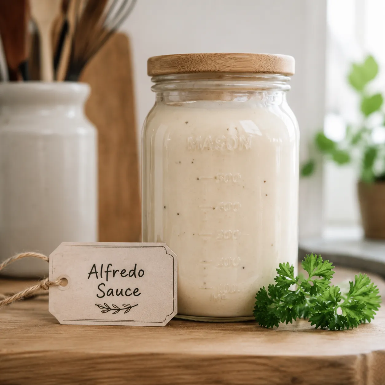 Homemade alfredo sauce stored in a glass jar for refrigerator storage