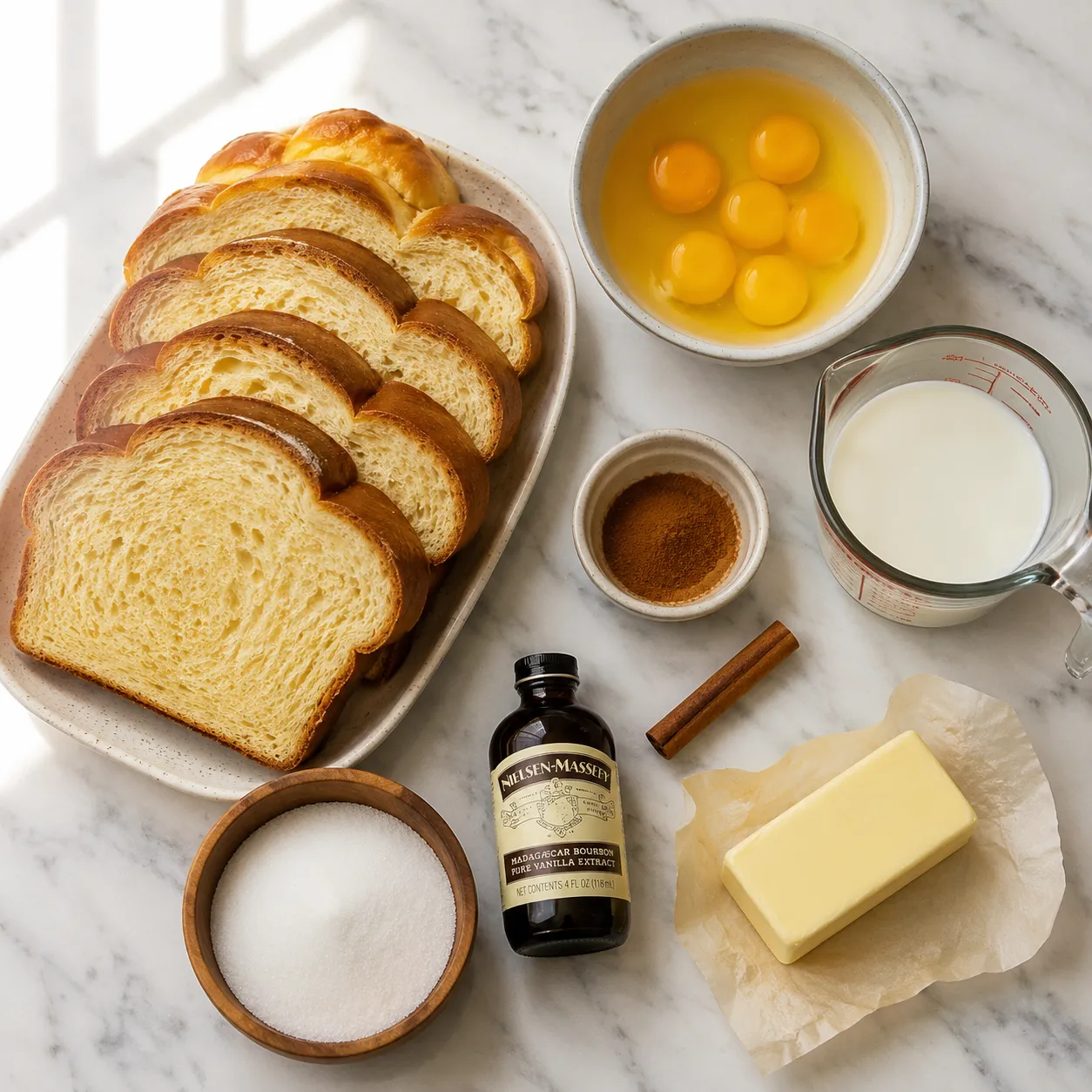 French toast recipe ingredients flatlay with brioche, eggs, milk, and cinnamon
