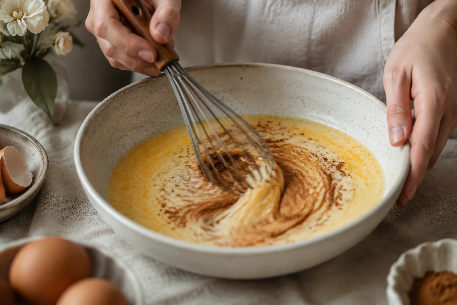 Whisking egg and milk custard for french toast recipe