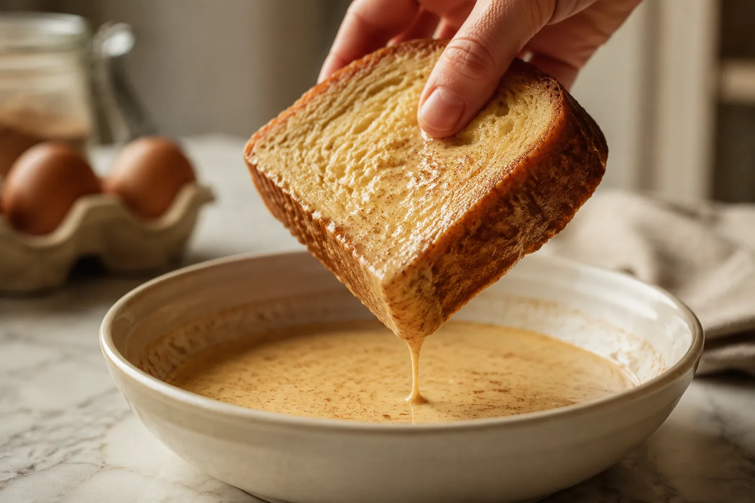 Dipping brioche bread into egg custard for french toast