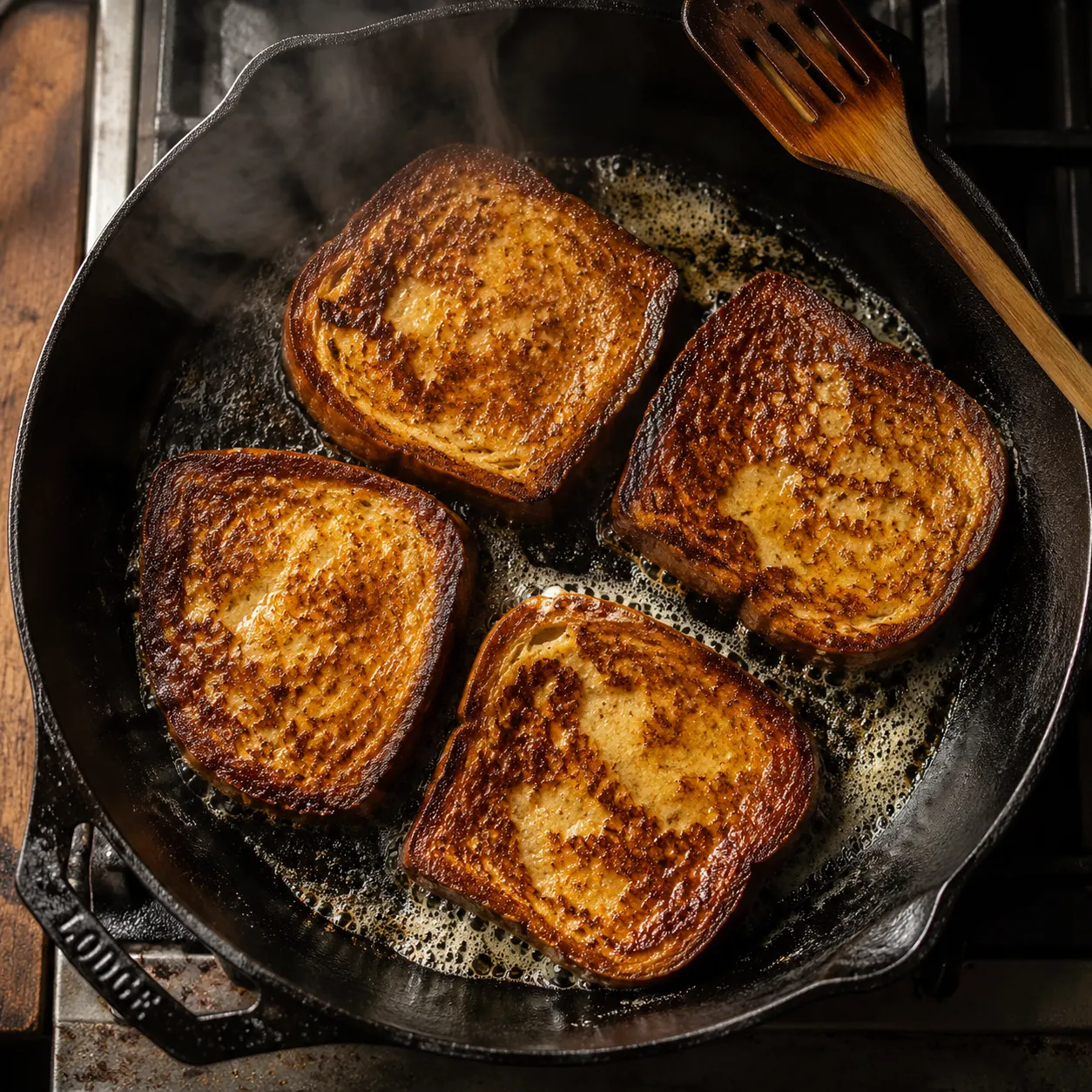 French toast cooking in cast iron skillet until golden brown