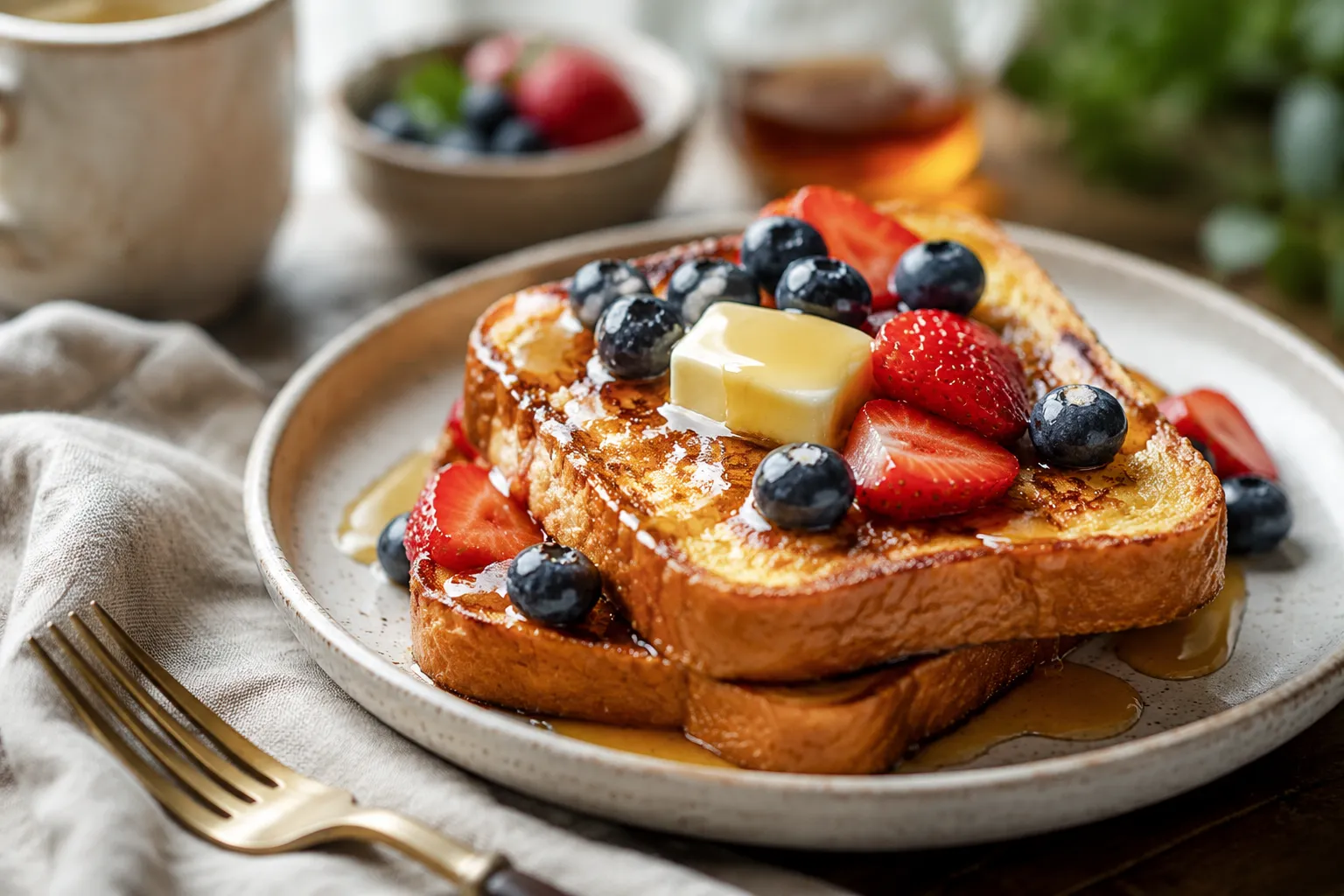 Plated french toast recipe with butter, maple syrup, and fresh berries