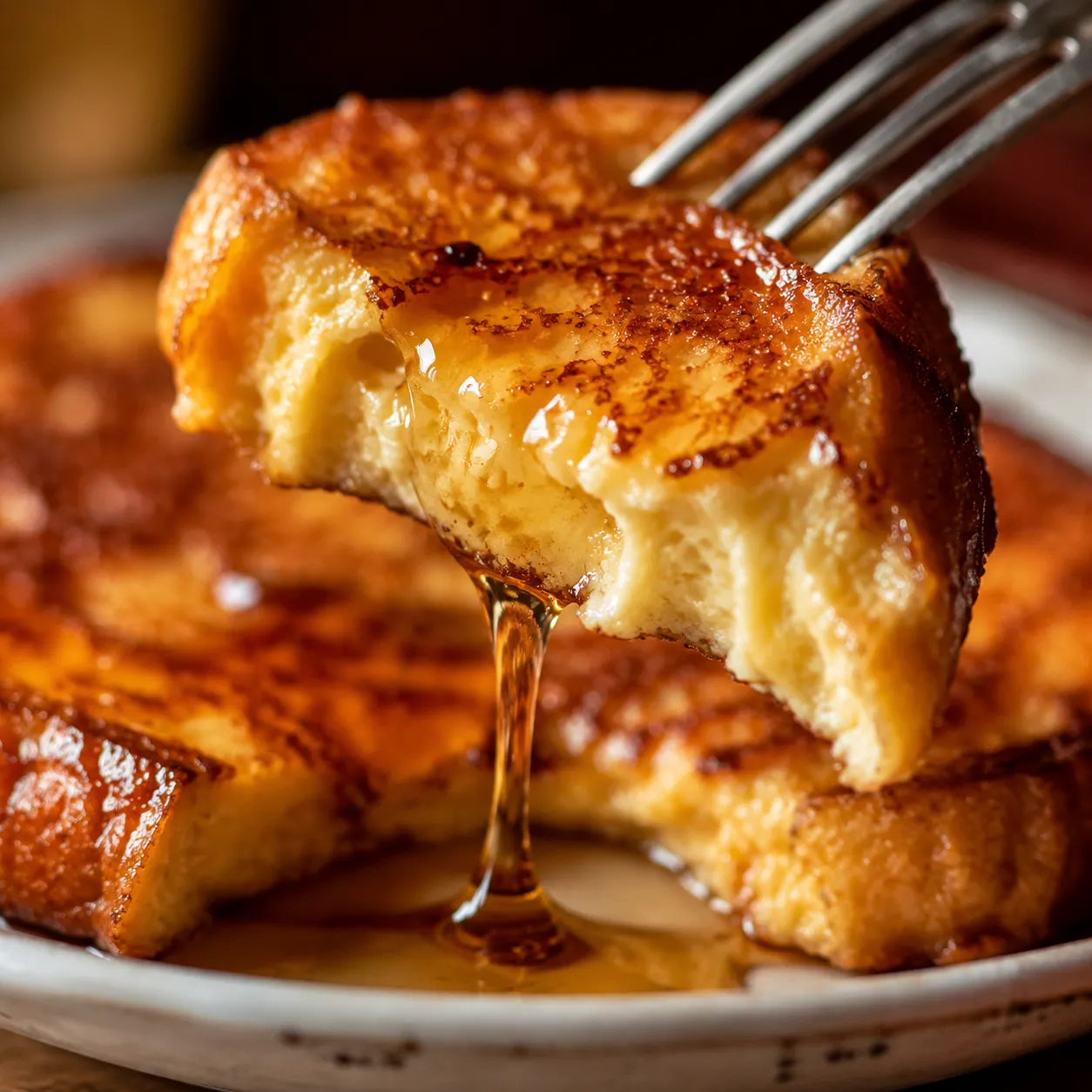 Close-up of fluffy custardy french toast interior on a fork