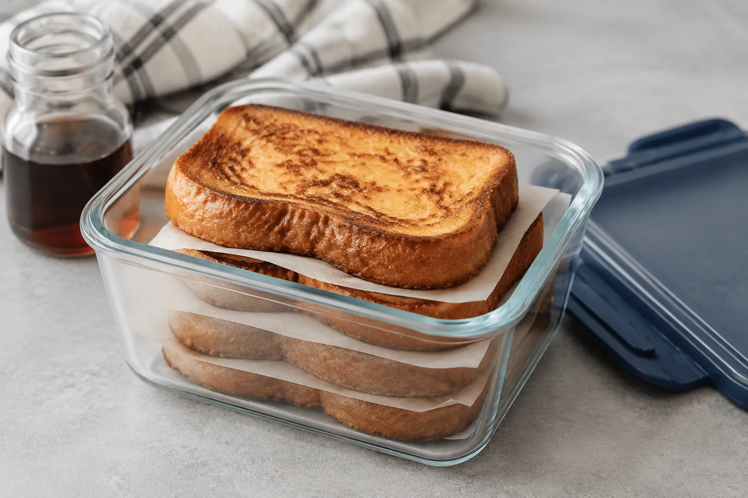 Storing leftover french toast slices in a glass container for the fridge