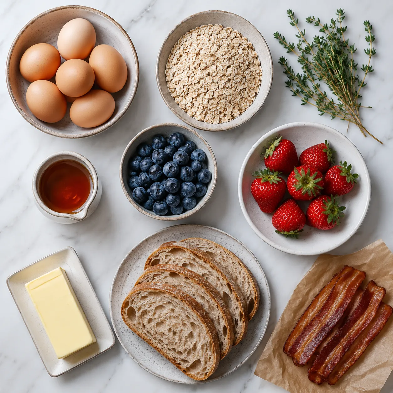 Flatlay of breakfast ingredients including eggs, oats, berries, bacon, and bread