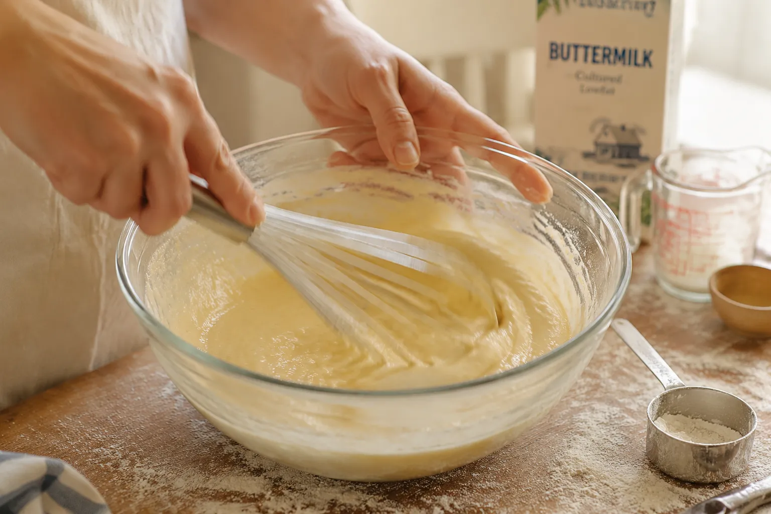 Hands whisking pancake batter for an easy breakfast recipe