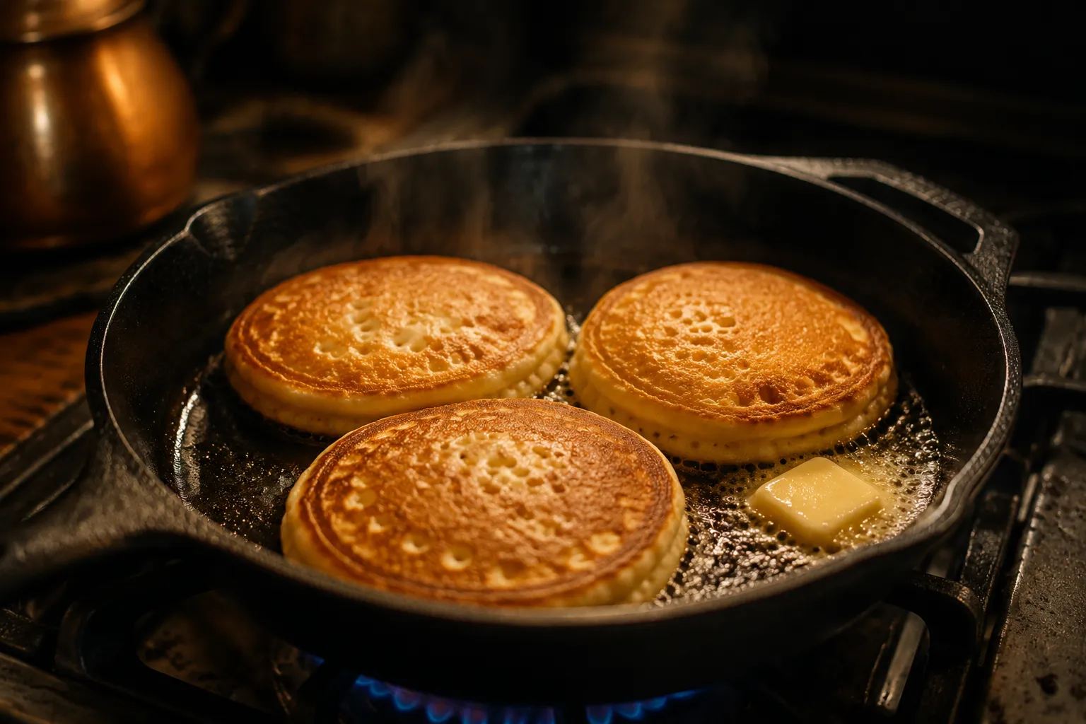 Pancakes cooking in a cast iron skillet with bubbles forming
