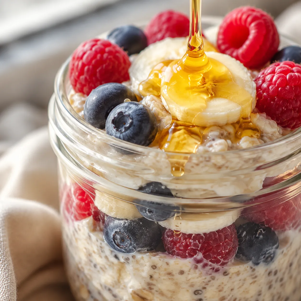 Overnight oats topped with berries and honey for a make-ahead breakfast