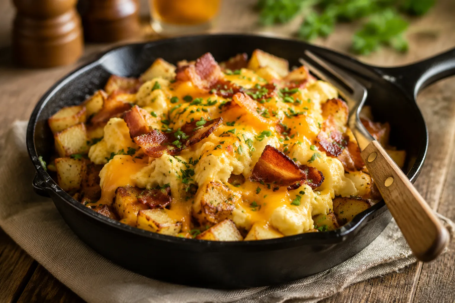 American breakfast skillet with eggs, potatoes, bacon, and cheese