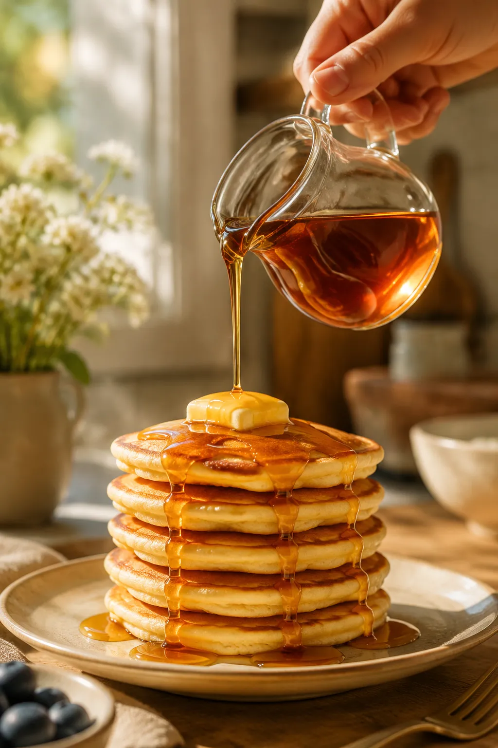 Maple syrup poured over a stack of buttermilk breakfast pancakes