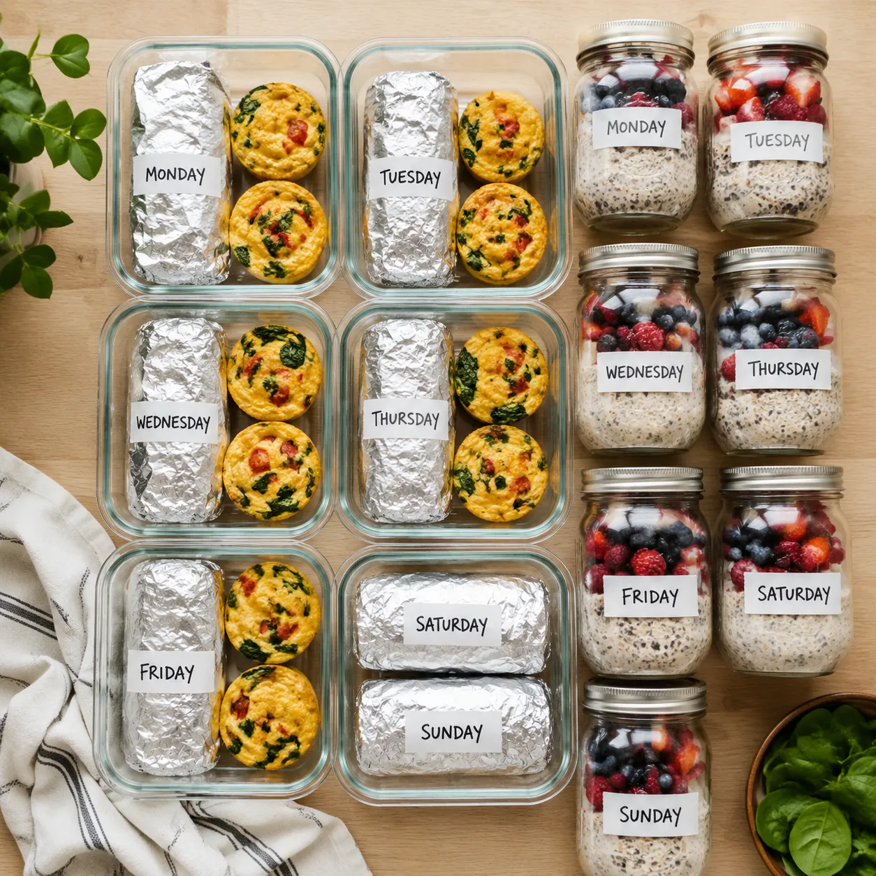 Make-ahead breakfast meal prep with burritos, egg muffins, and overnight oats