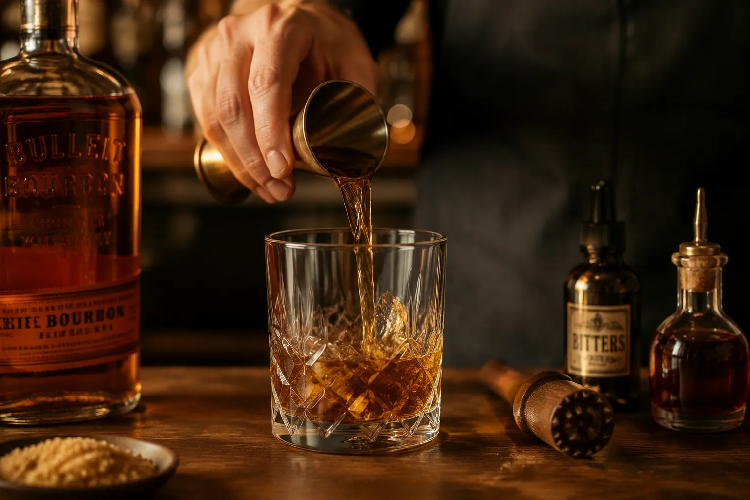 Pouring bourbon into glass for the best old fashioned recipe