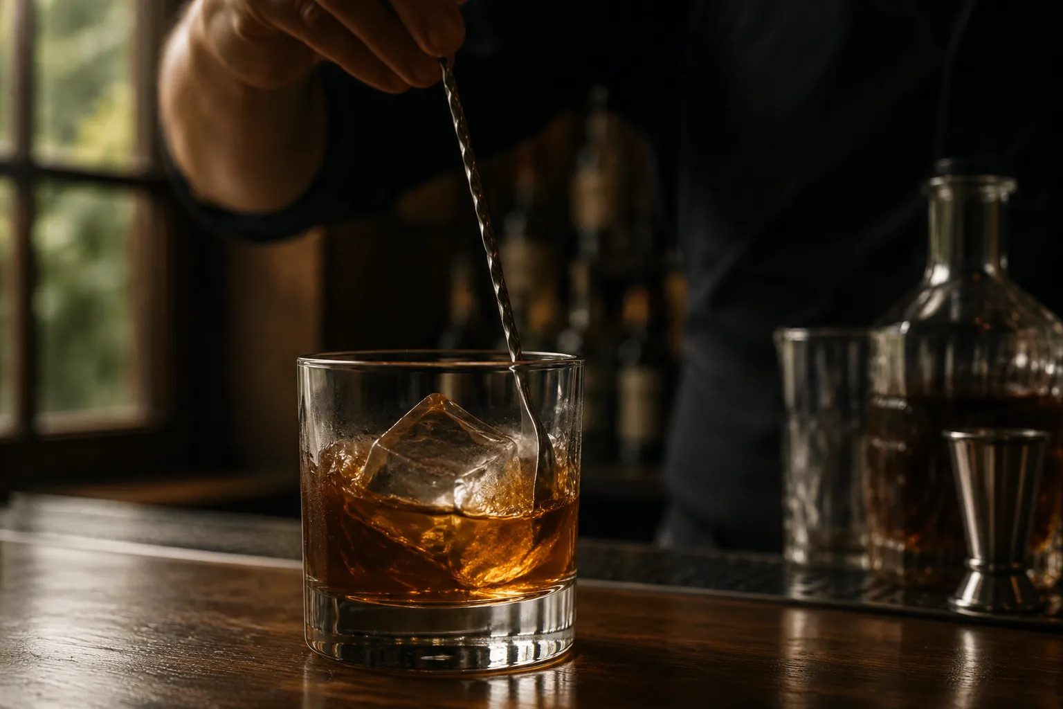 Stirring old fashioned cocktail with bar spoon and large ice cube