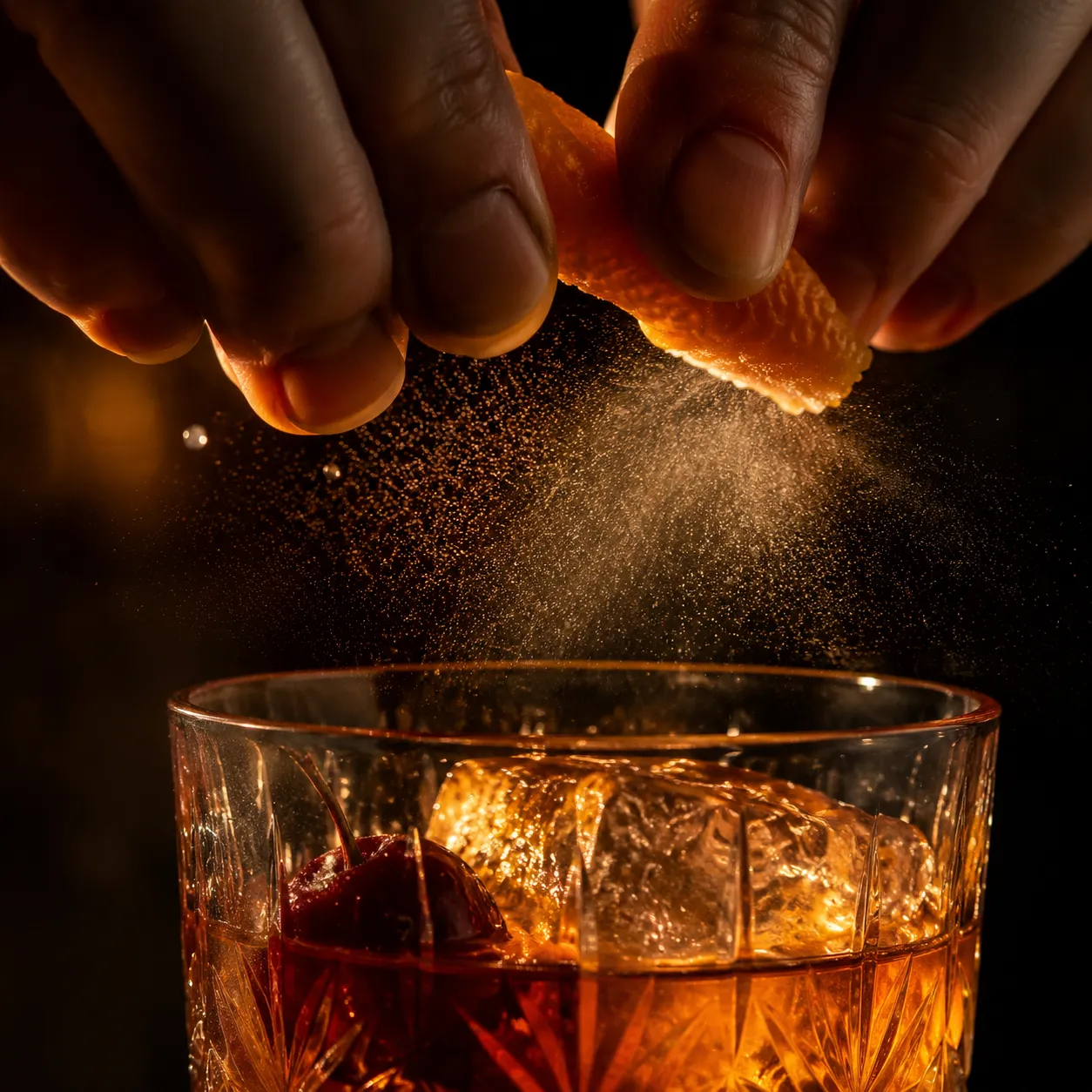 Expressing orange peel over classic old fashioned recipe