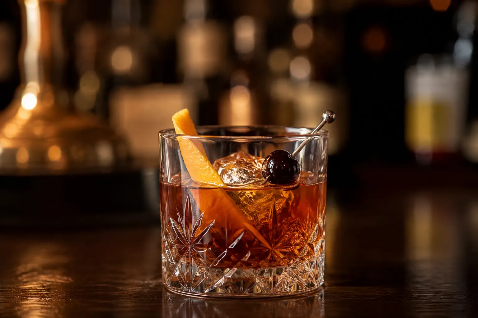 Finished classic old fashioned recipe with bourbon and orange peel