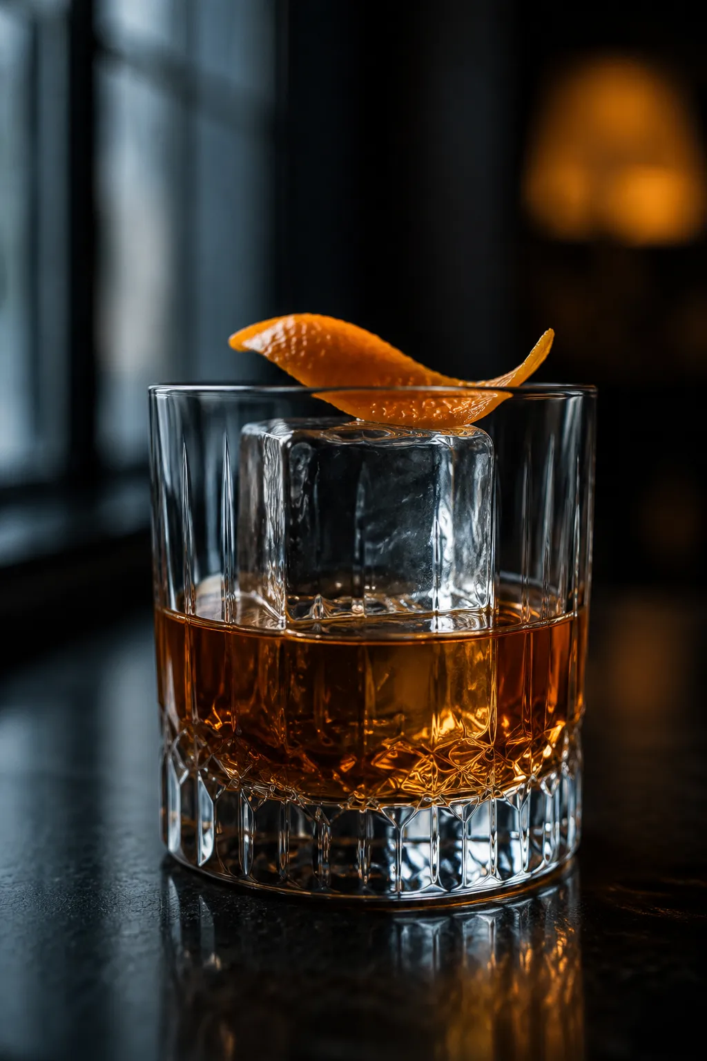 Pro tip large clear ice cube in an old fashioned cocktail