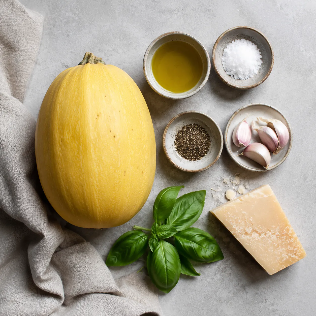Spaghetti squash recipe ingredients flatlay with olive oil, garlic, basil and parmesan