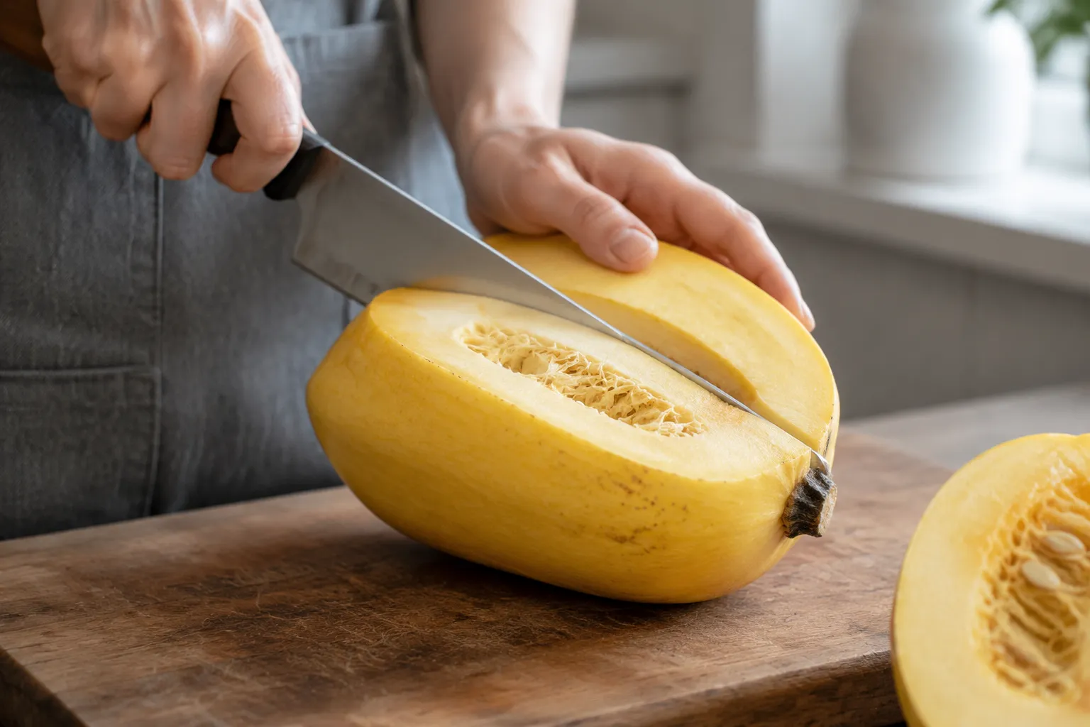 How to cook spaghetti squash by halving it lengthwise with a chef's knife