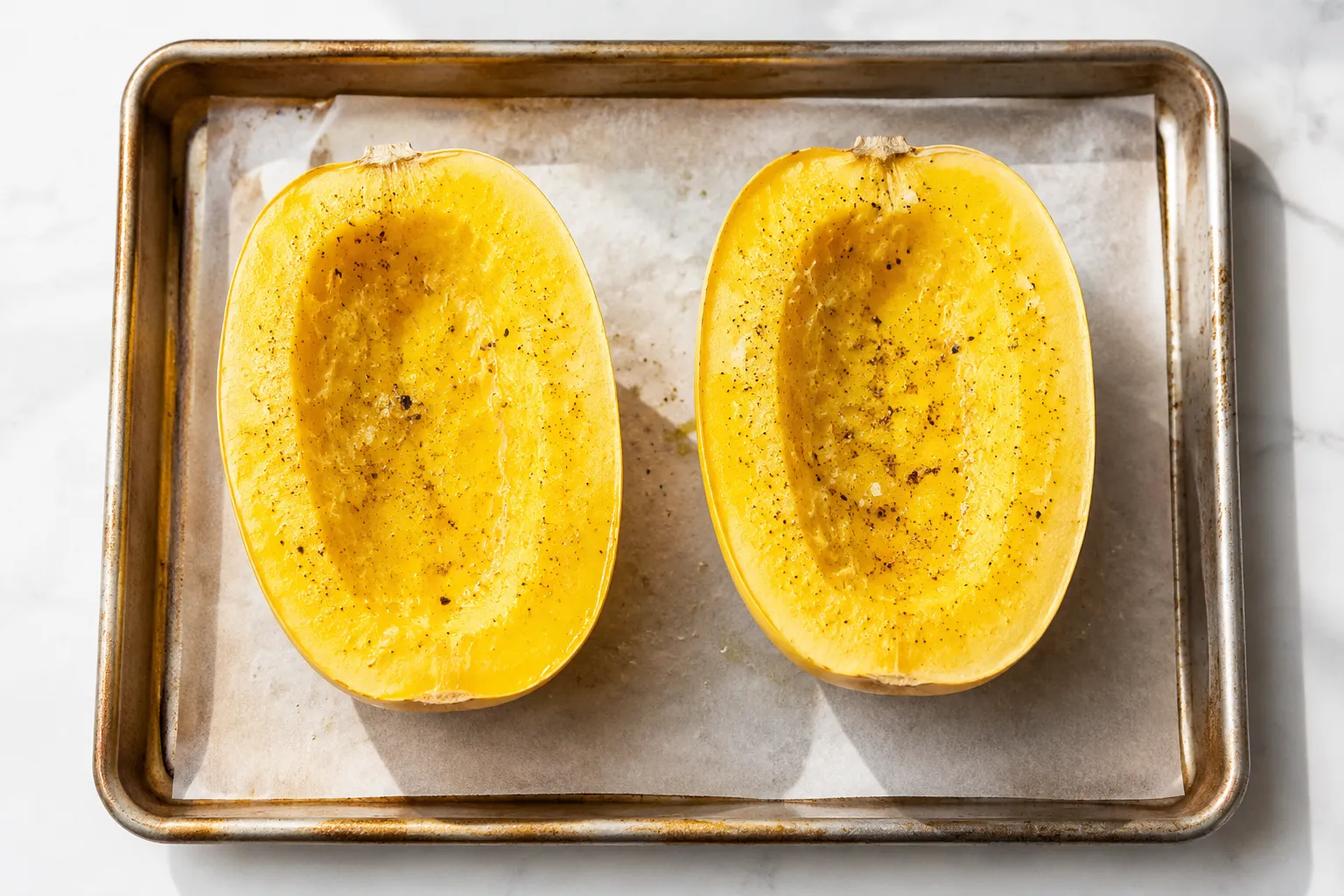 Seasoned spaghetti squash halves on a sheet pan ready for the oven
