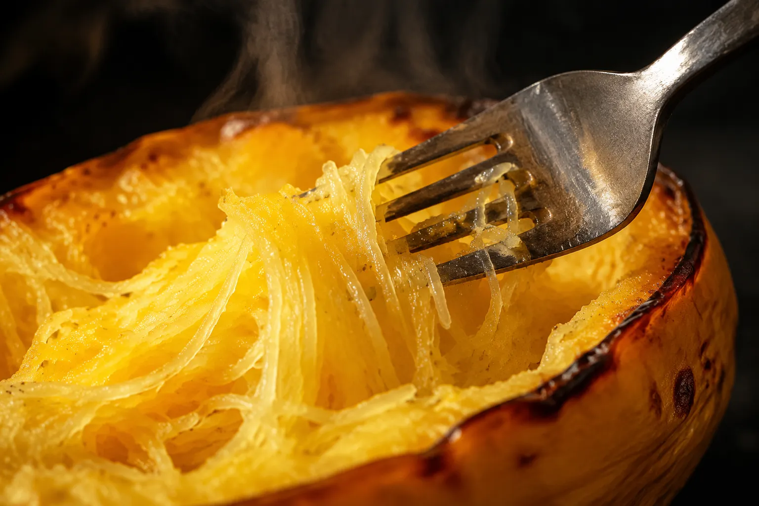Roasted spaghetti squash being shredded into noodle-like strands with a fork