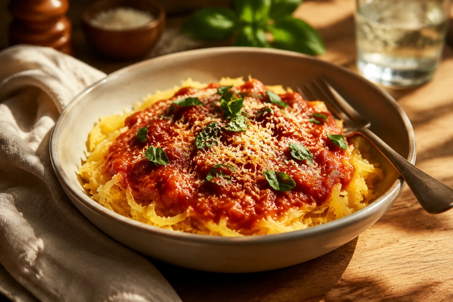 Roasted spaghetti squash recipe served with marinara and parmesan in a bowl