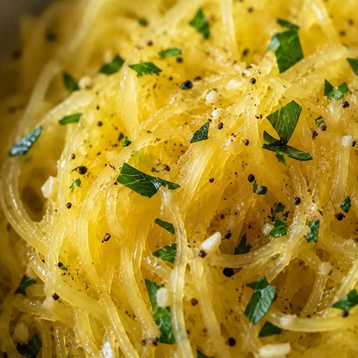 Close-up of garlic herb spaghetti squash strands like summer squash pasta
