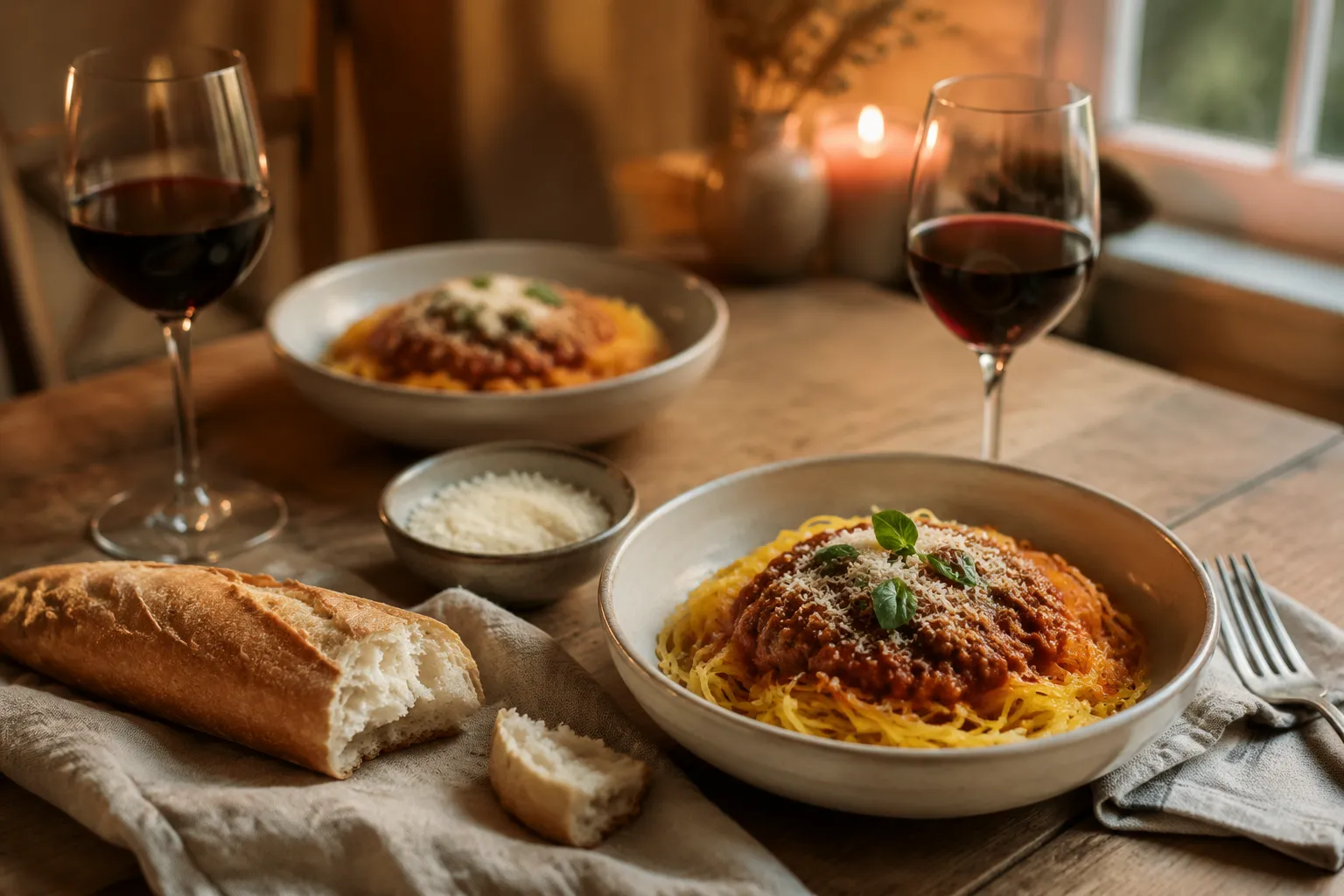 Spaghetti squash dinner served family-style with wine and bread