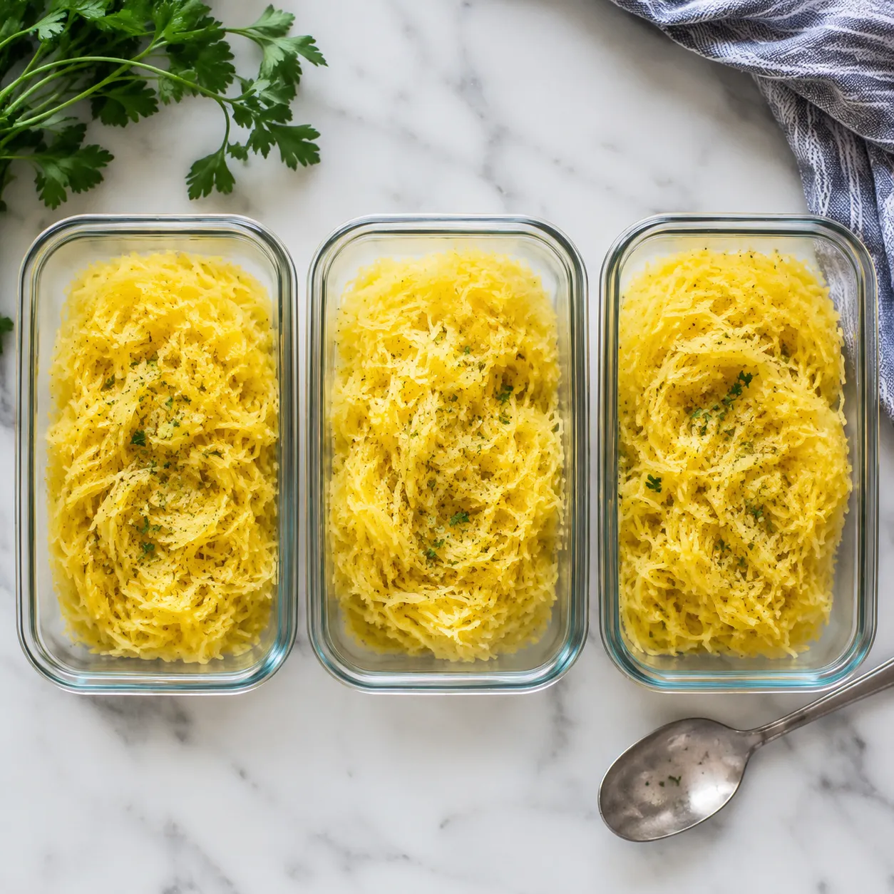 Cooked spaghetti squash stored in glass meal prep containers for the week
