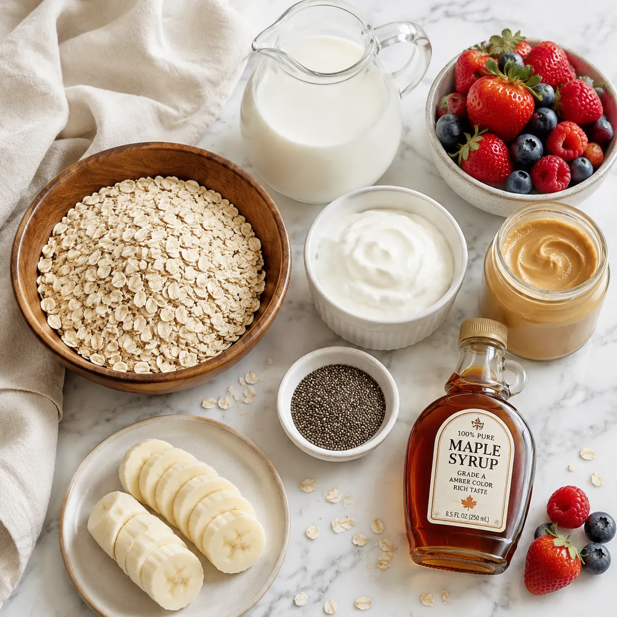 Ingredients for overnight oats recipe including rolled oats, milk, yogurt, chia seeds, and peanut butter