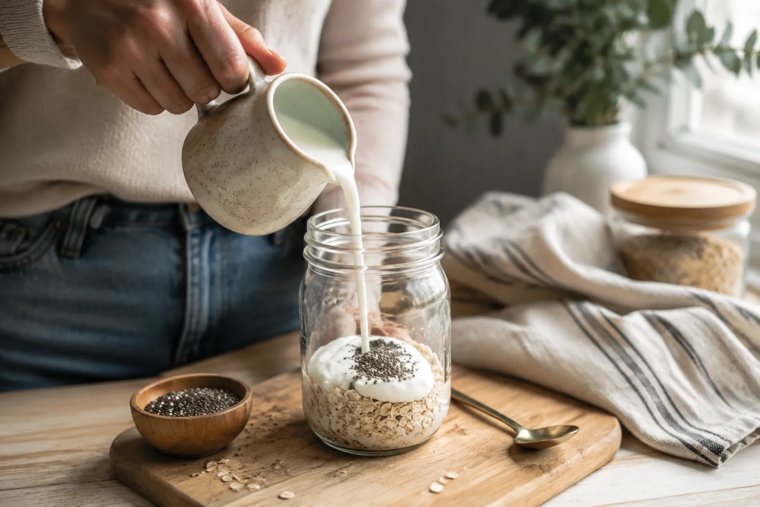 How to make overnight oats by pouring milk into a jar with rolled oats and yogurt