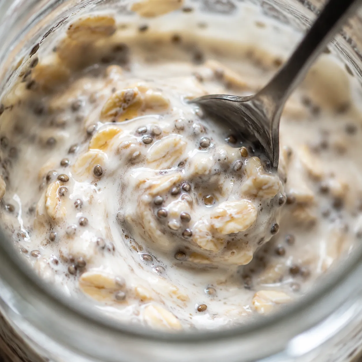 Stirring overnight oats with chia seeds and yogurt in a mason jar
