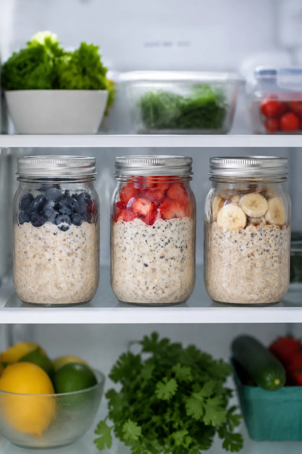 Meal-prep overnight oats in mason jars stored in the refrigerator