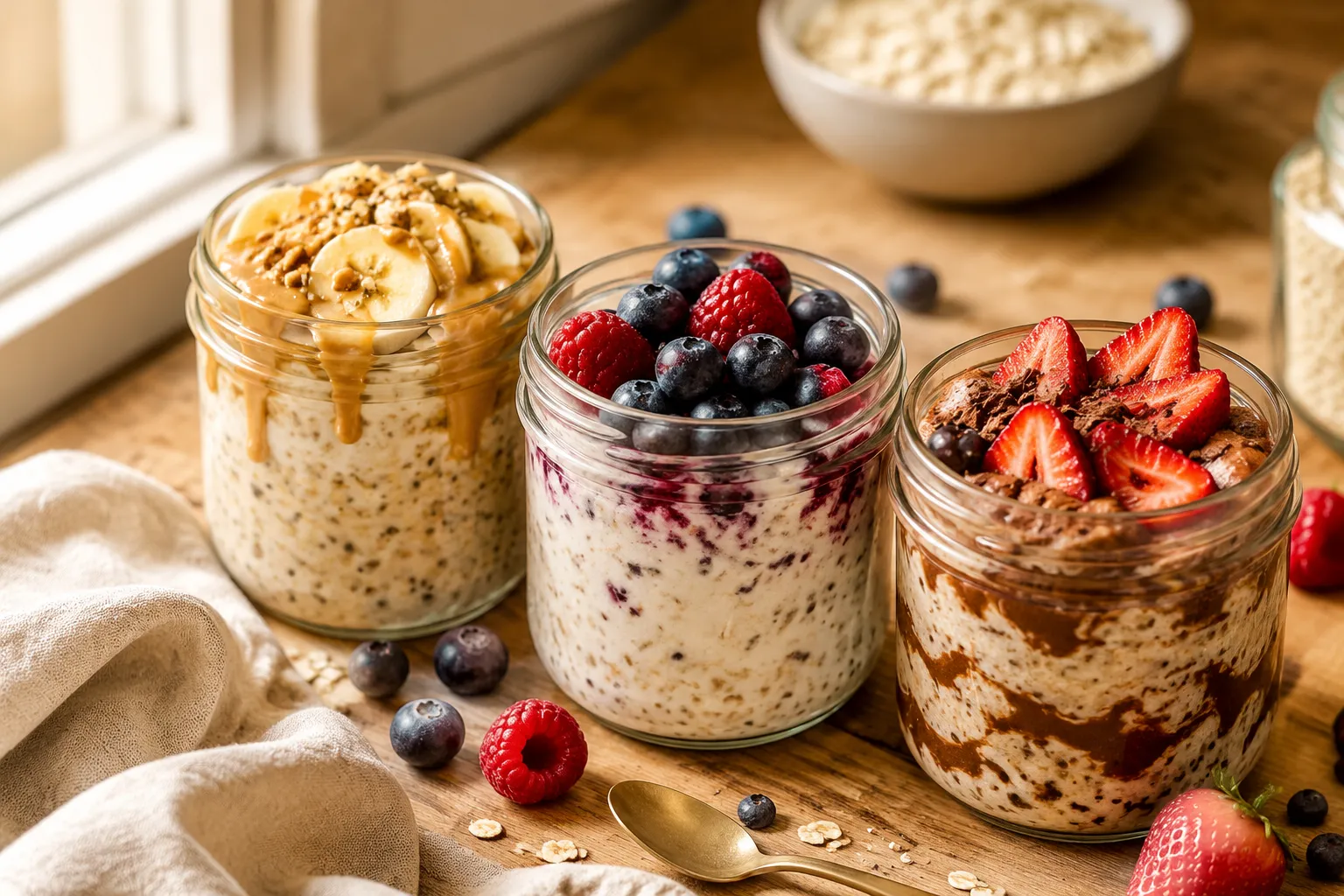 Three overnight oats recipe variations with peanut butter, berries, and chocolate toppings