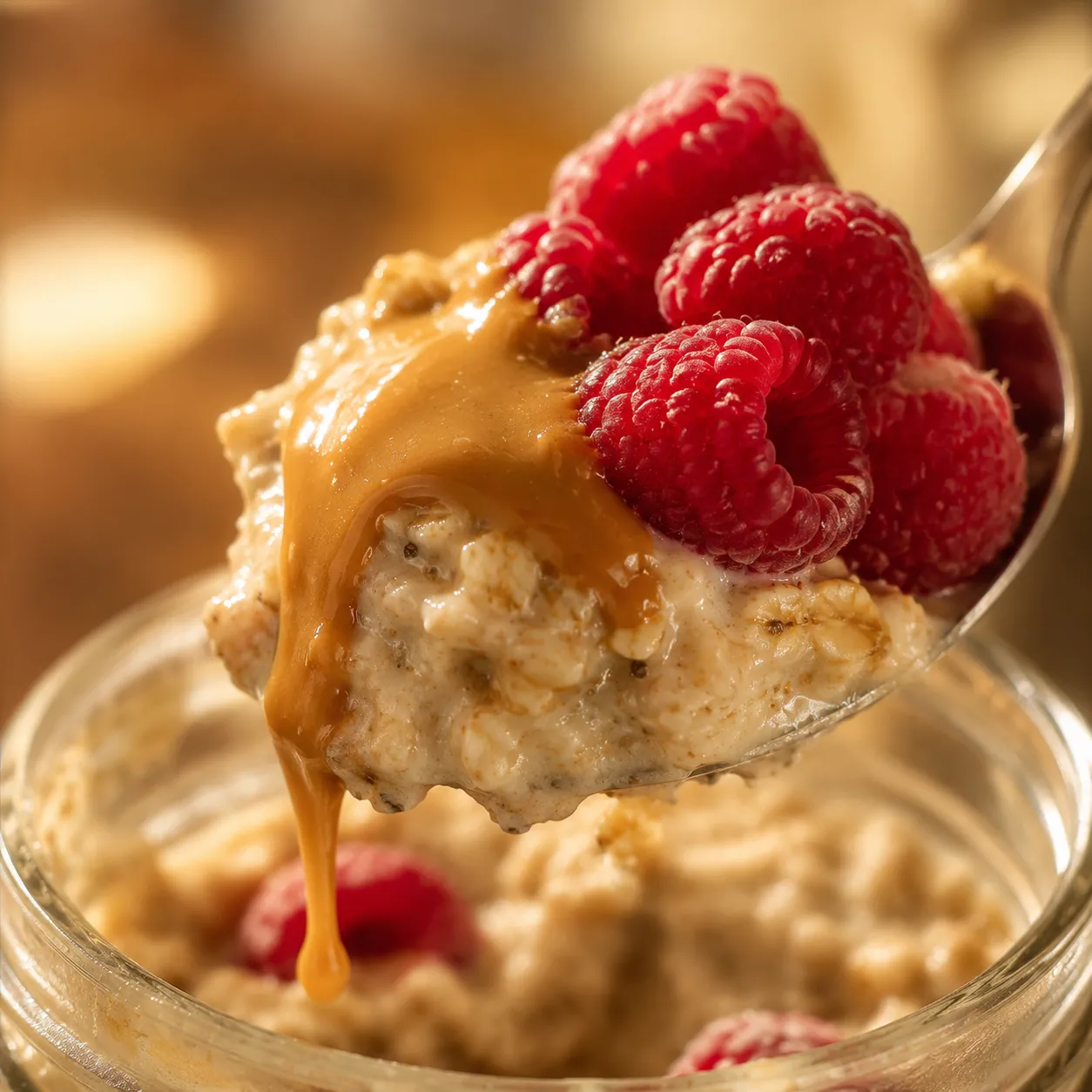 Close-up of a creamy spoonful of peanut butter overnight oats