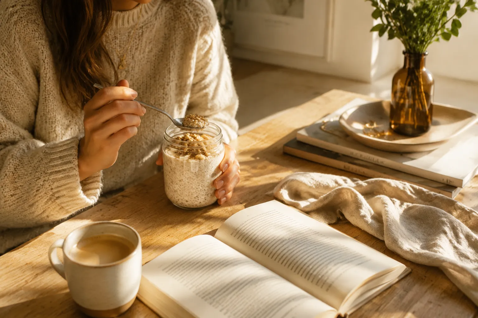 Eating overnight oats from a mason jar at a sunlit breakfast table