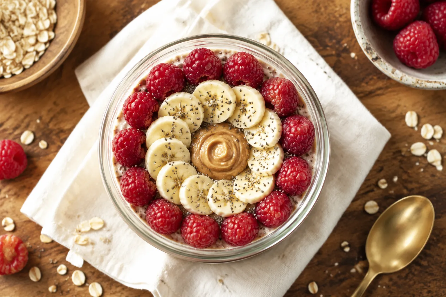 Overhead overnight oats recipe with peanut butter, banana, and raspberry toppings