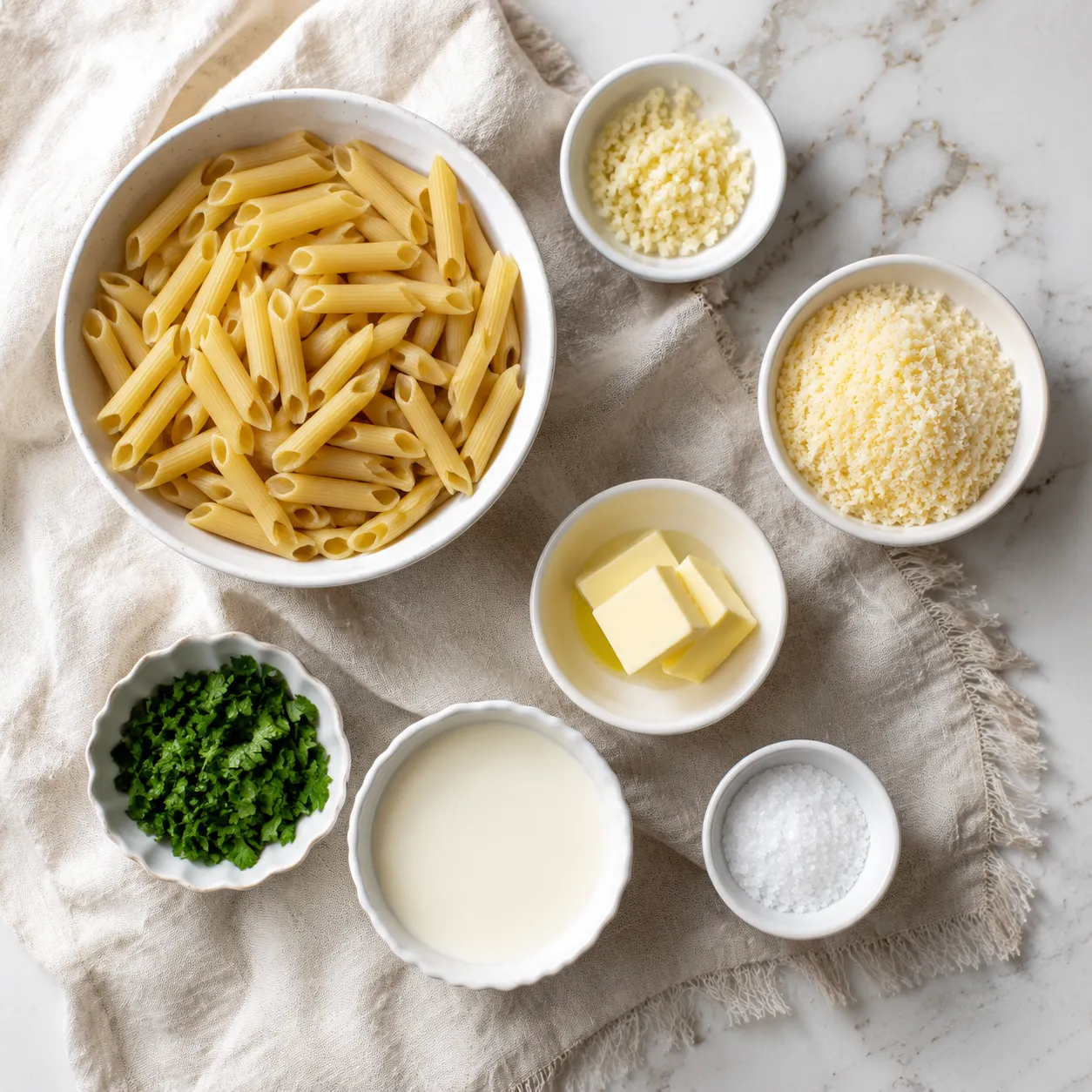 Pasta recipe ingredients flatlay with penne, garlic, Parmesan, cream and butter