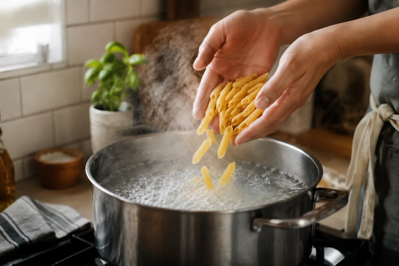 Adding penne pasta to boiling salted water for an easy pasta recipe