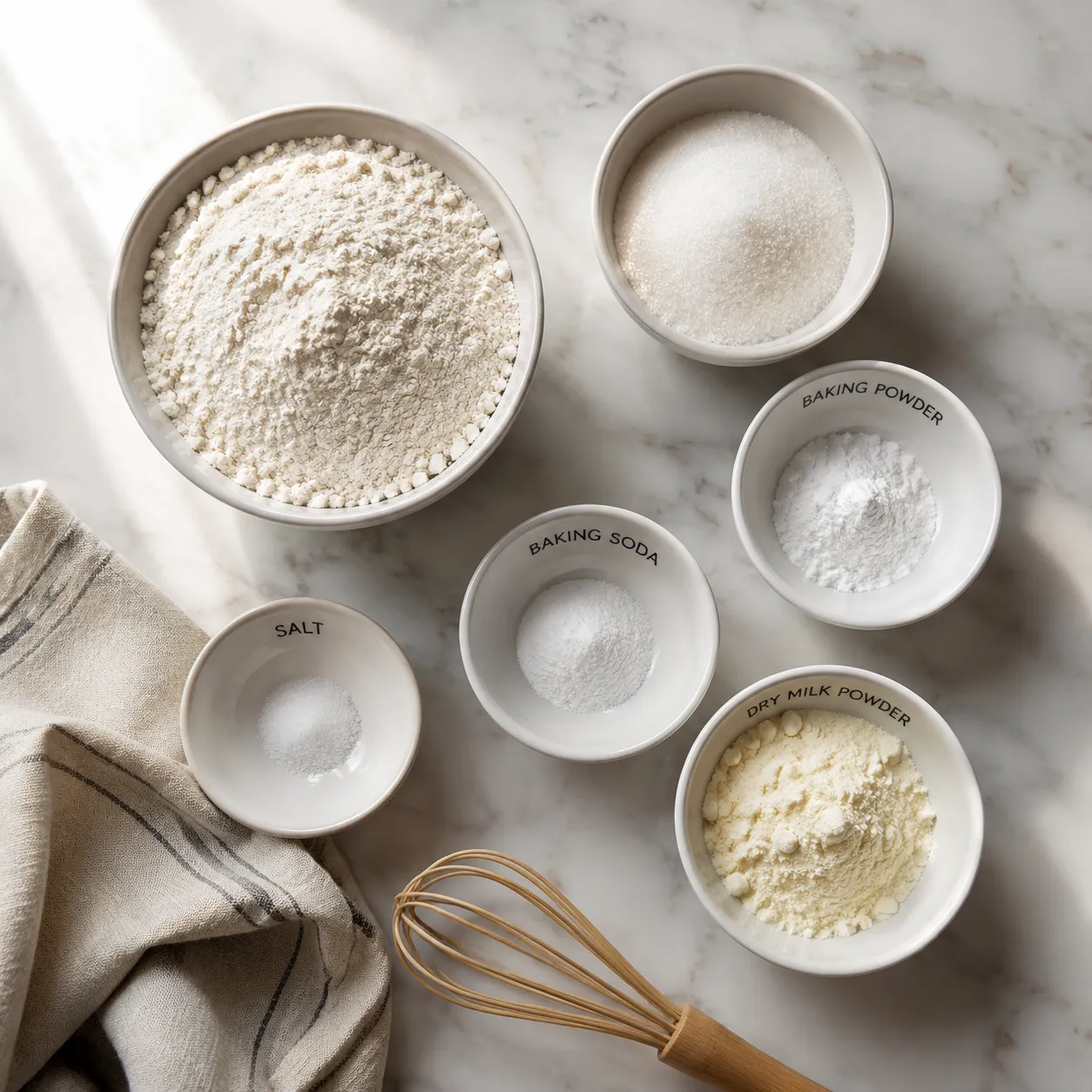 Homemade pancake mix ingredients flatlay on marble countertop