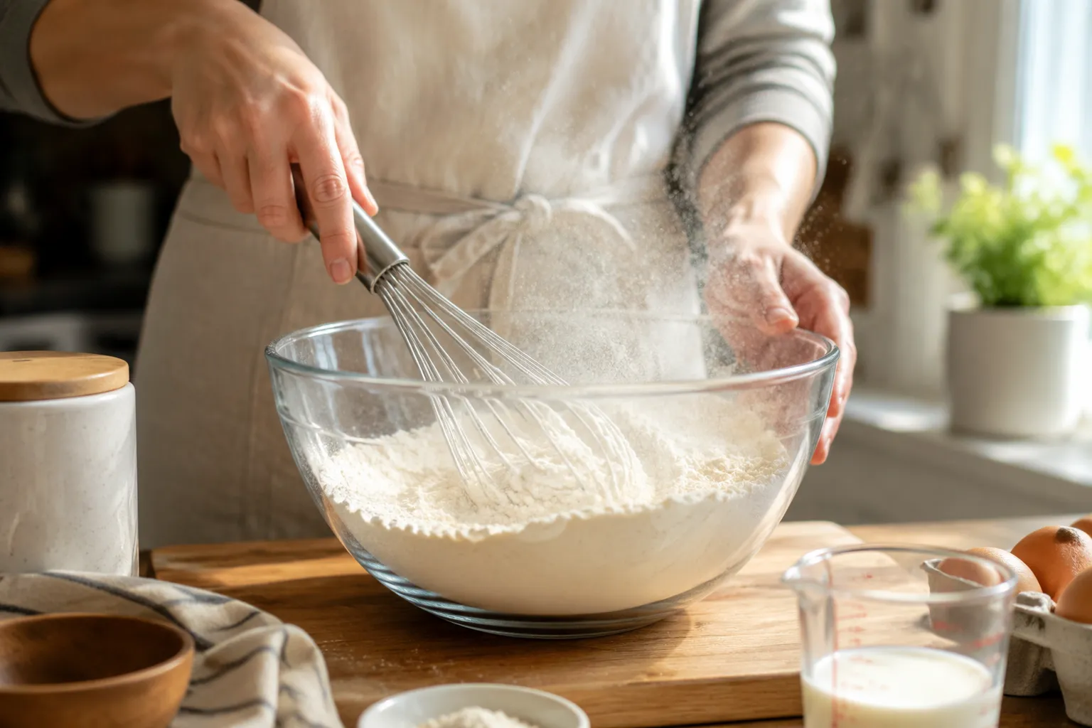 Whisking homemade pancake mix dry ingredients in a glass bowl