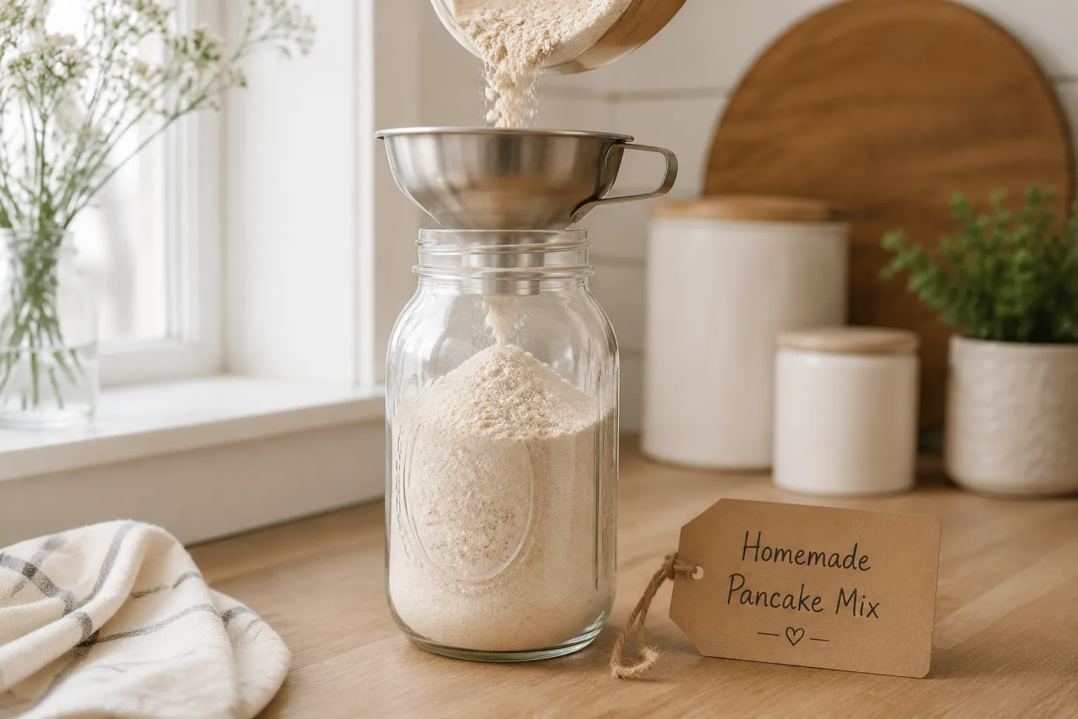Pouring homemade pancake mix into a mason jar for storage