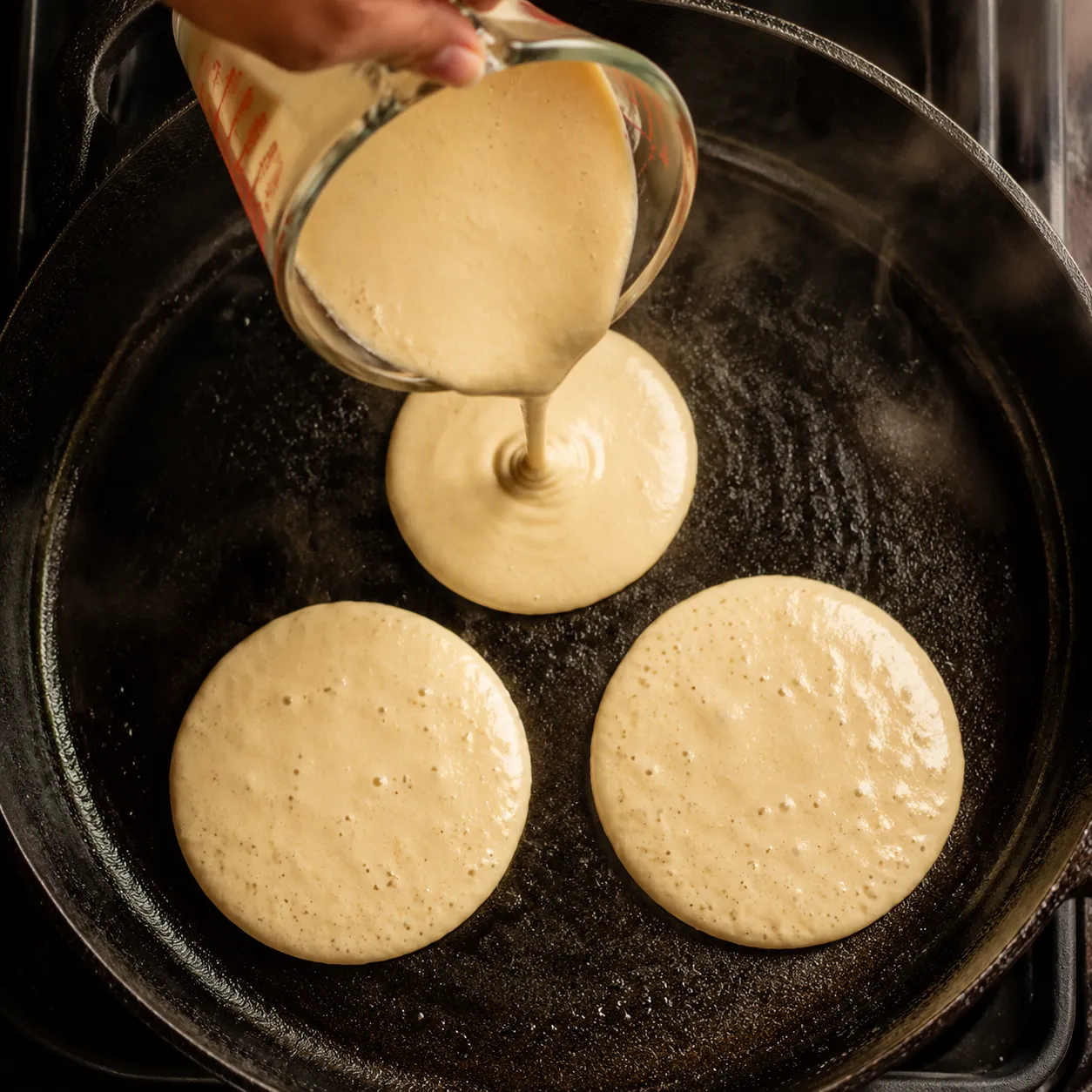 Pouring pancake batter onto a cast iron skillet